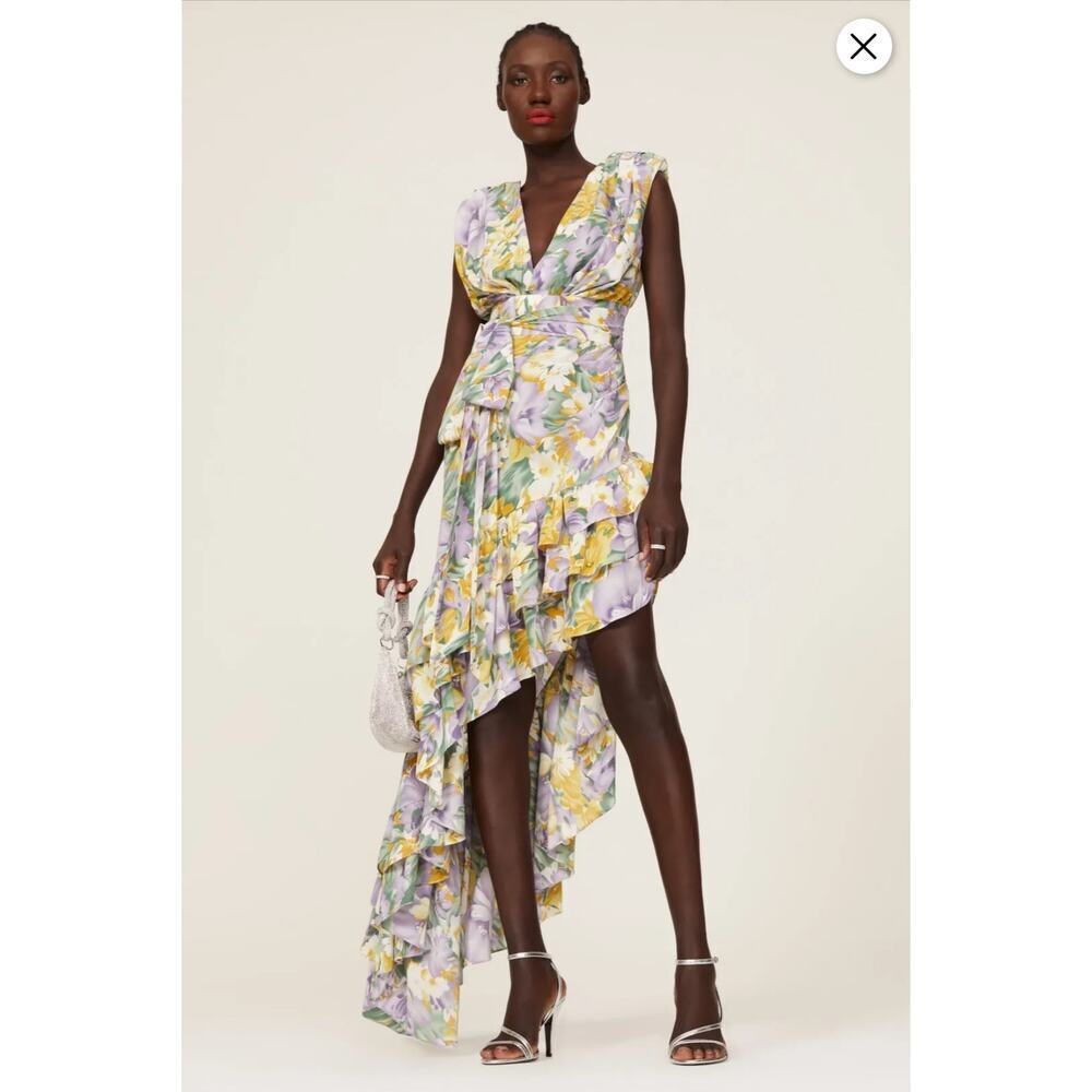 Bronx and Banco Lavender and Yellow Floral Ruffle High-Low Maxi Dress